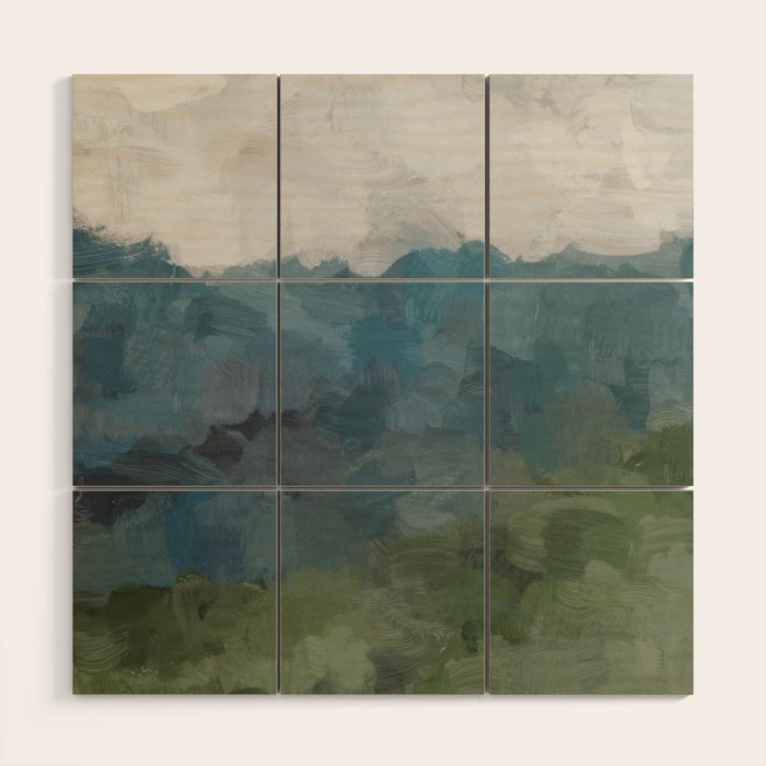 Journey Into the Mountains - Gray Blue Navy Indigo Sage Leafy Green Sky Forest Abstract Painting, Wood Wall Art Gallery Image 1