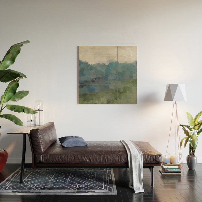 Journey Into the Mountains - Gray Blue Navy Indigo Sage Leafy Green Sky Forest Abstract Painting, Wood Wall Art Gallery Image 2