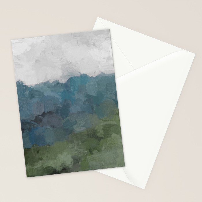 Journey Into the Mountains - Gray Blue Navy Indigo Sage Leafy Green Sky Forest Abstract Painting, Stationery Card Gallery Image 2