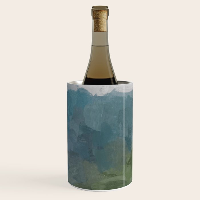 Journey Into the Mountains - Gray Blue Navy Indigo Sage Leafy Green Sky Forest Abstract Painting, Wine Chiller Gallery Image 3
