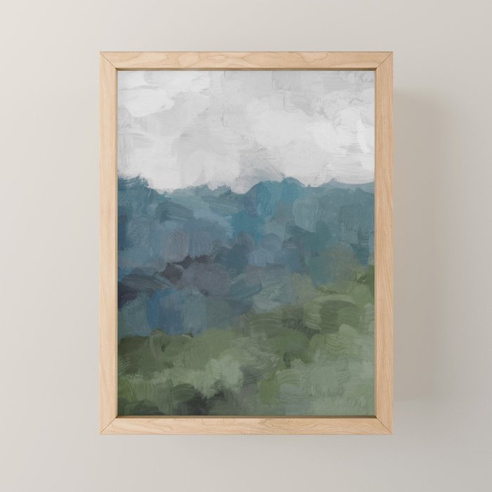 Journey Into the Mountains - Gray Blue Navy Indigo Sage Leafy Green Sky Forest Abstract Painting, Mini Art Print Gallery Image 1