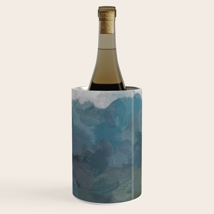 Journey Into the Mountains - Gray Blue Navy Indigo Sage Leafy Green Sky Forest Abstract Painting, Wine Chiller Gallery Image 1
