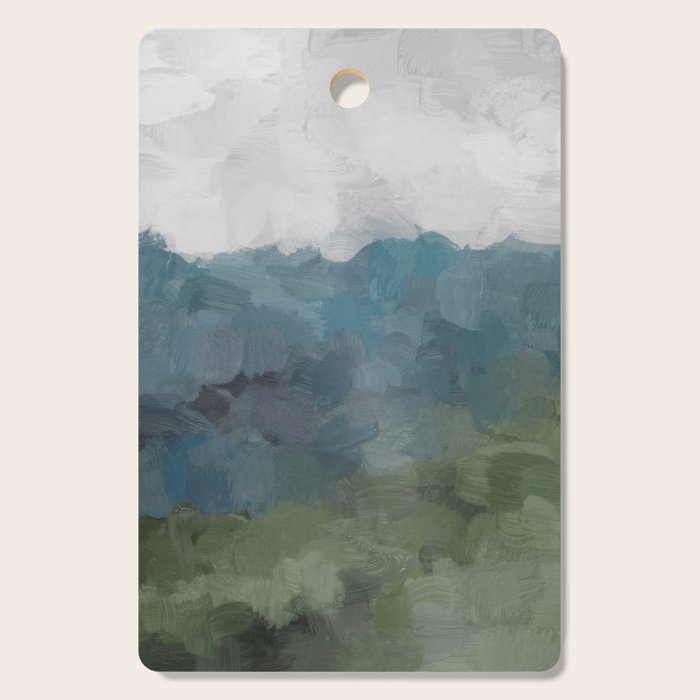 Journey Into the Mountains - Gray Blue Navy Indigo Sage Leafy Green Sky Forest Abstract Painting, Cutting Board Gallery Image 1