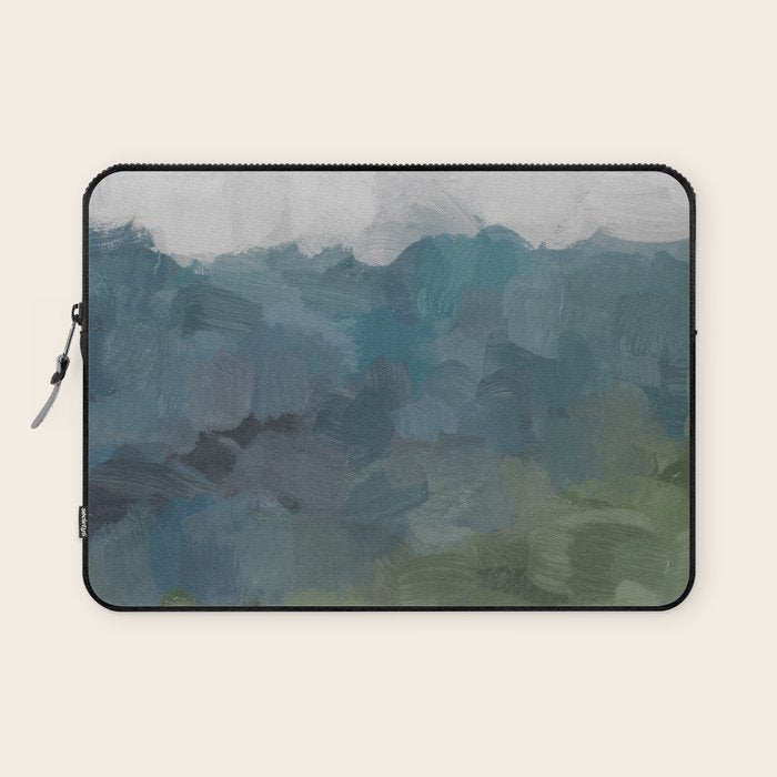 Journey Into the Mountains - Gray Blue Navy Indigo Sage Leafy Green Sky Forest Abstract Painting, Laptop Sleeve Gallery Image 1