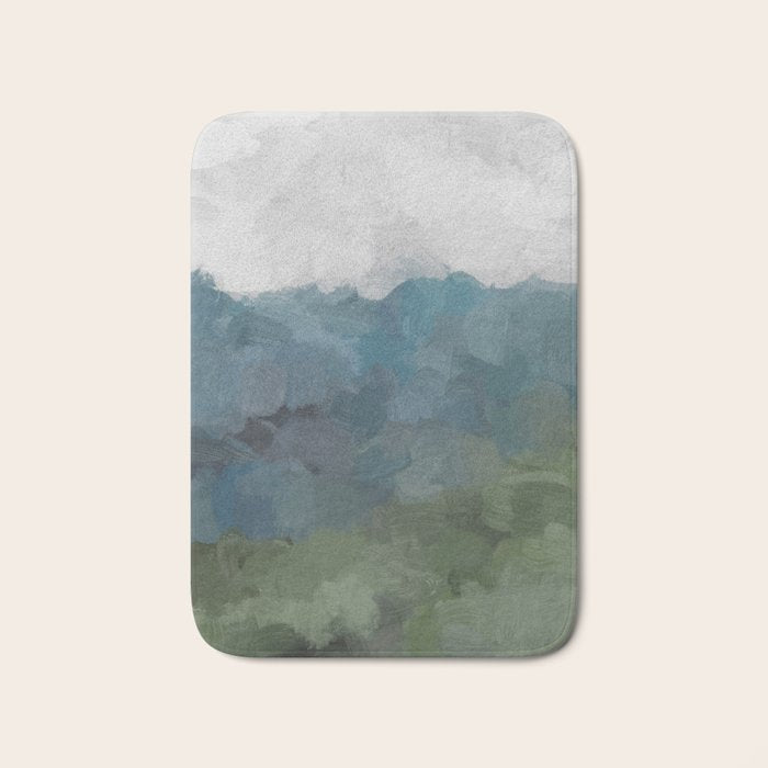 Journey Into the Mountains - Gray Blue Navy Indigo Sage Leafy Green Sky Forest Abstract Painting, Bath Mat Gallery Image 1