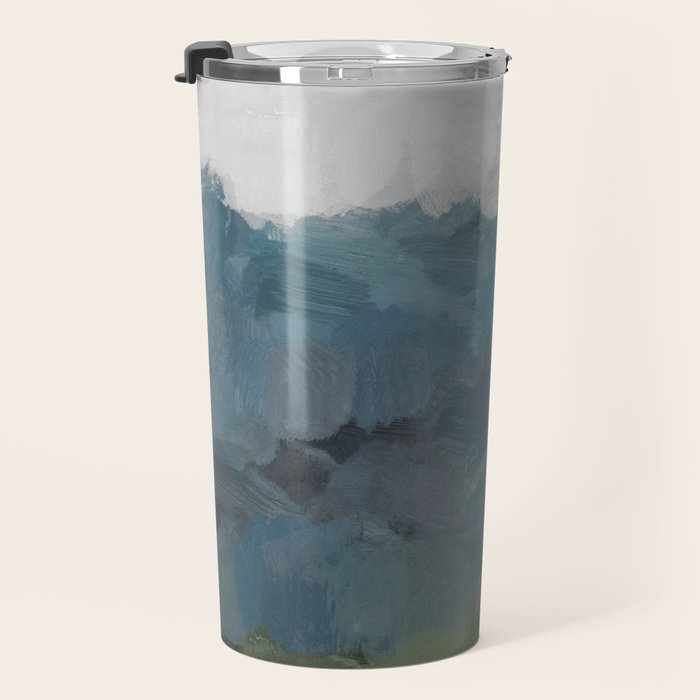 Journey Into the Mountains - Gray Blue Navy Indigo Sage Leafy Green Sky Forest Abstract Painting, Travel Mug Gallery Image 3