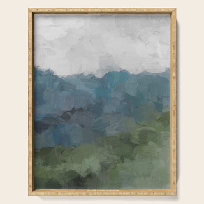 Journey Into the Mountains - Gray Blue Navy Indigo Sage Leafy Green Sky Forest Abstract Painting, Serving Tray Gallery Image 1