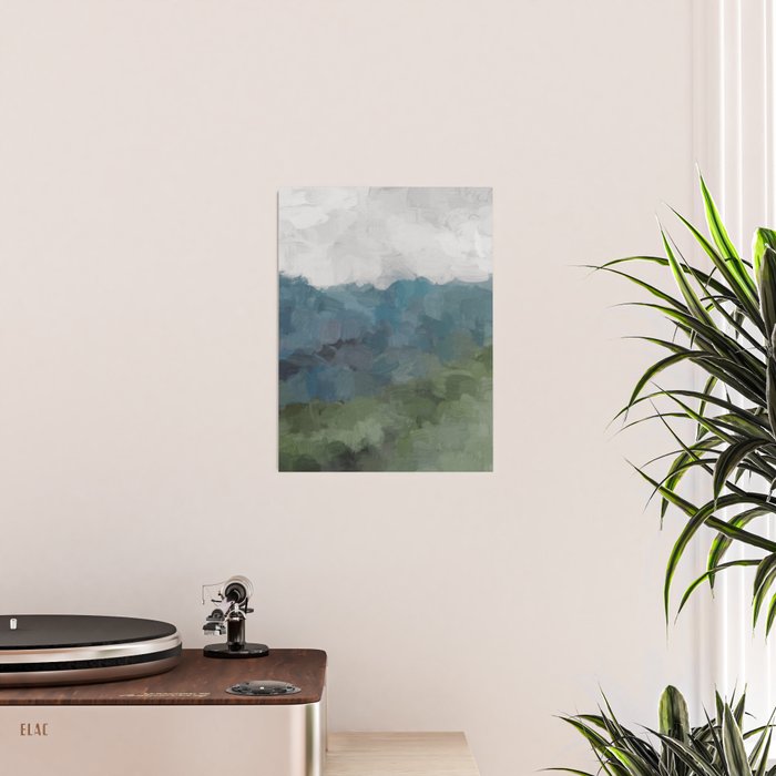 Journey Into the Mountains - Gray Blue Navy Indigo Sage Leafy Green Sky Forest Abstract Painting, Poster Gallery Image 2