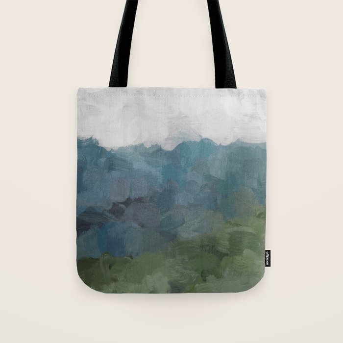 Journey Into the Mountains - Gray Blue Navy Indigo Sage Leafy Green Sky Forest Abstract Painting, Tote Bag Gallery Image 1