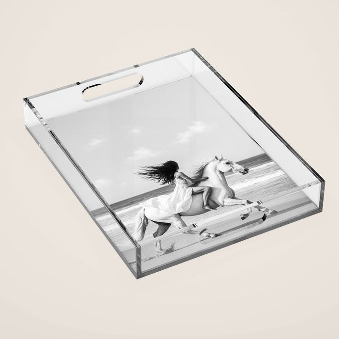 Boho Horse Riding Black White Beach Photography Acrylic Tray Gallery Image 1