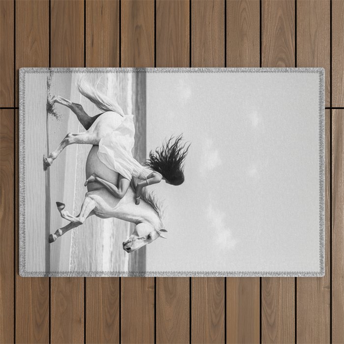 Boho Horse Riding Black White Beach Photography Outdoor Rug Gallery Image 1
