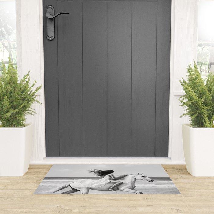 Boho Horse Riding Black White Beach Photography Welcome Mat Gallery Image 3