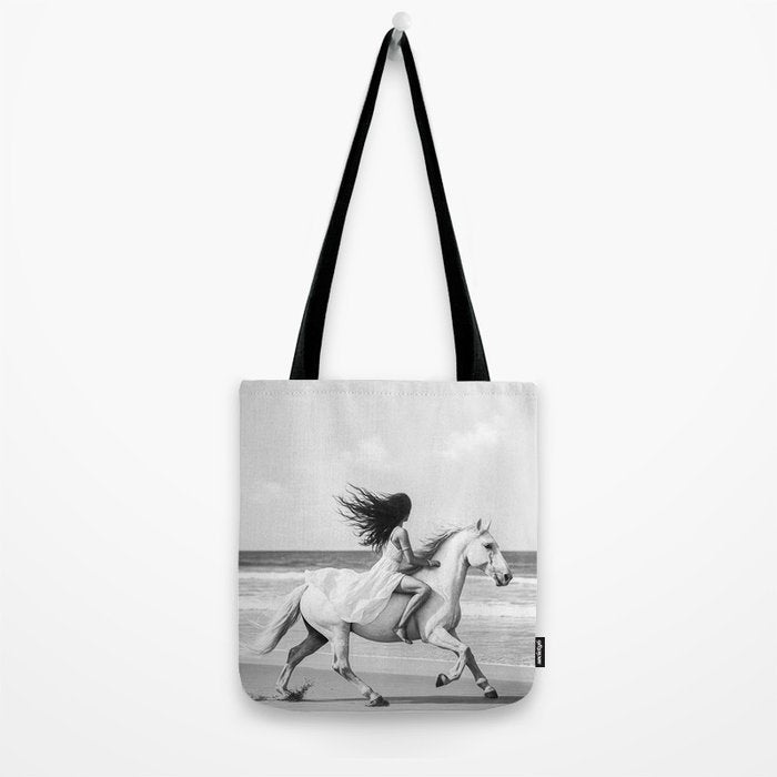 Boho Horse Riding Black White Beach Photography Tote Bag Gallery Image 2