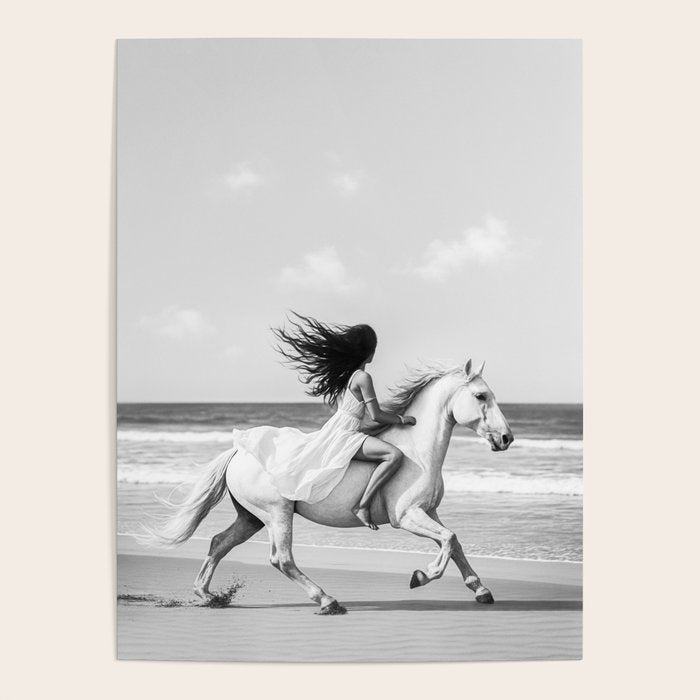 Boho Horse Riding Black White Beach Photography Poster Gallery Image 1