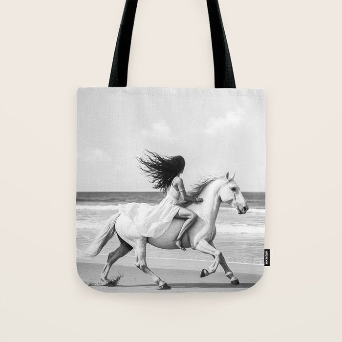 Boho Horse Riding Black White Beach Photography Tote Bag Gallery Image 1