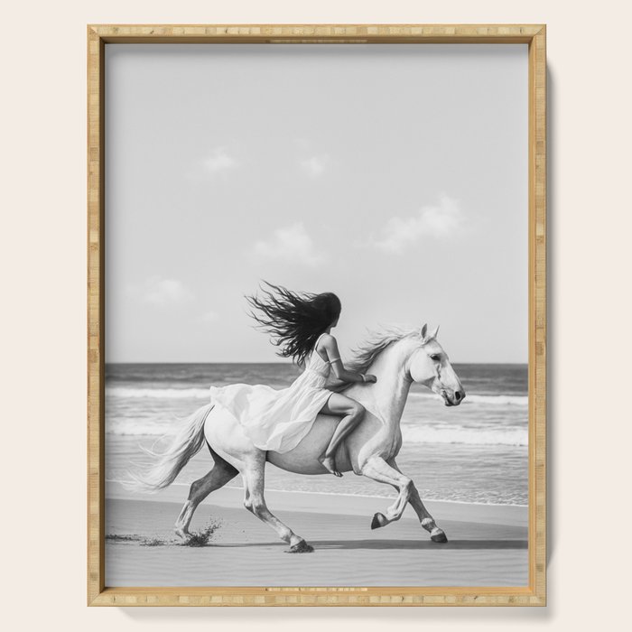 Boho Horse Riding Black White Beach Photography Serving Tray Gallery Image 1
