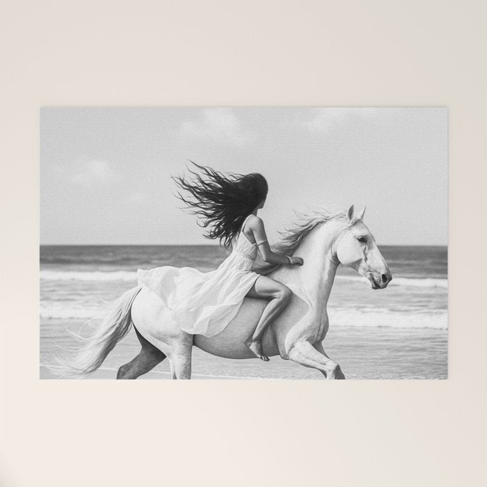 Boho Horse Riding Black White Beach Photography Welcome Mat Gallery Image 1
