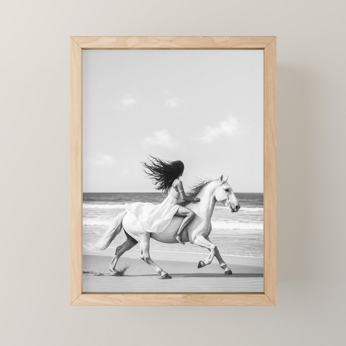 Boho Horse Riding Black White Beach Photography Mini Art Print Gallery Image 1