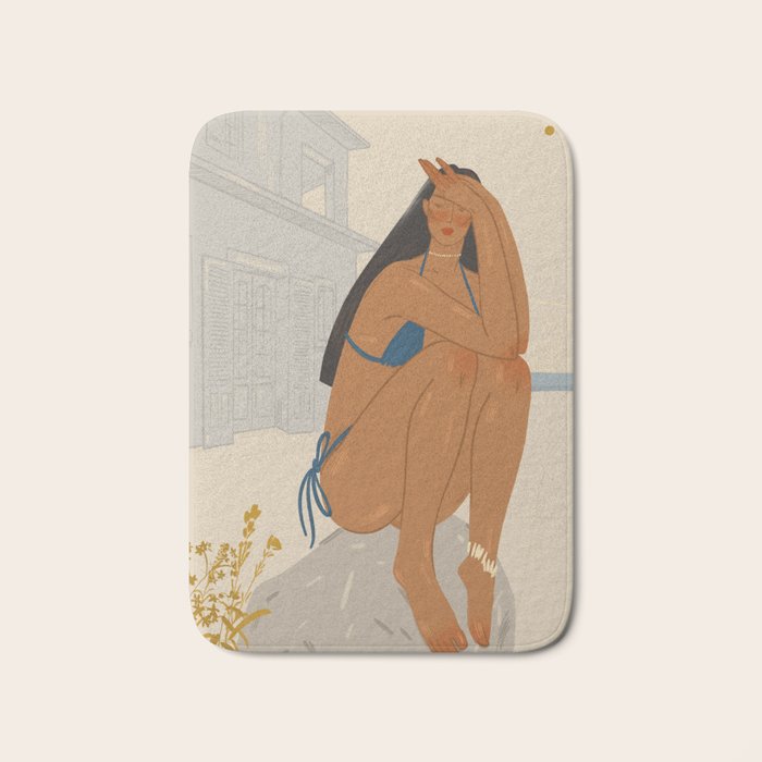 portrait of an elegant woman on the beach in a swimsuit Bath Mat Gallery Image 1