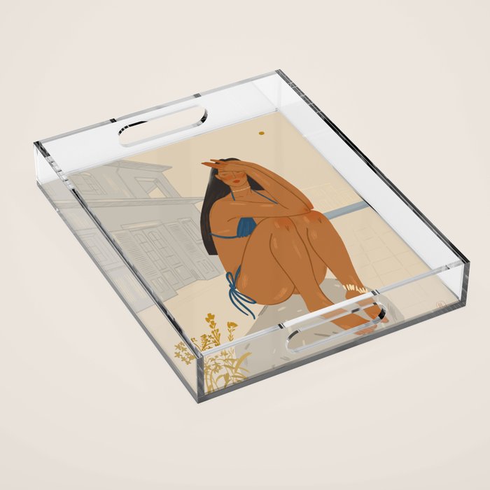 portrait of an elegant woman on the beach in a swimsuit Acrylic Tray Gallery Image 1