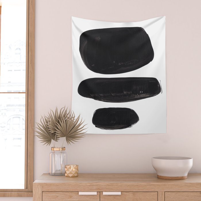 Black And White Minimalist Mid Century Abstract Ink Art Minimal Black Pebbles Paint Wall Tapestry Gallery Image 2
