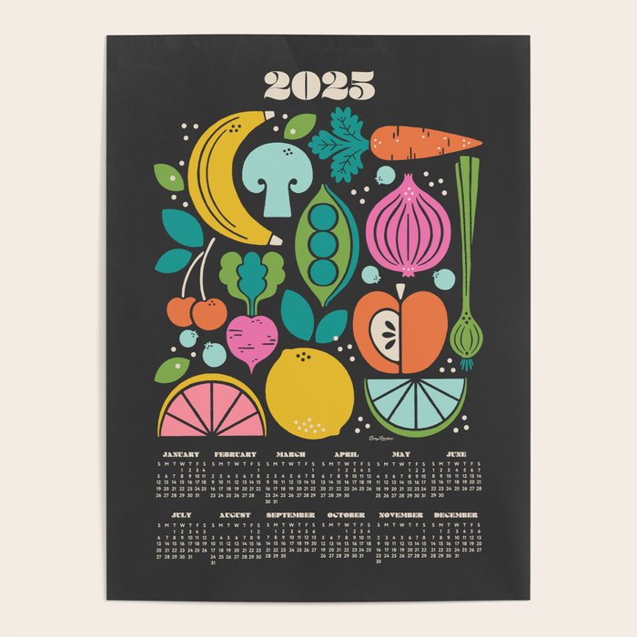 Fruit and Veggies 2025 Calendar - Muli-color on black Poster Gallery Image 4