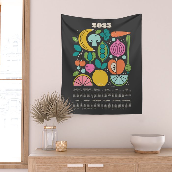 Fruit and Veggies 2025 Calendar - Muli-color on black Wall Tapestry Gallery Image 2