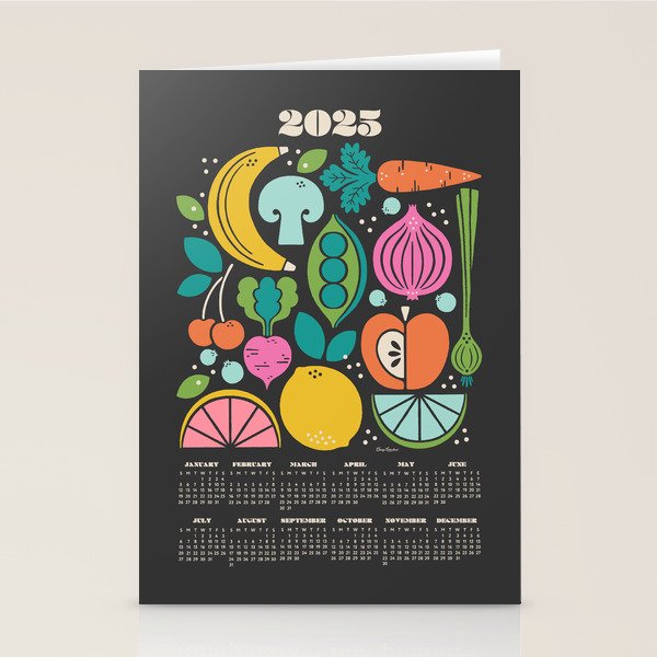 Fruit and Veggies 2025 Calendar - Muli-color on black Stationery Card Gallery Image 1