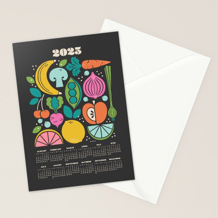 Fruit and Veggies 2025 Calendar - Muli-color on black Stationery Card Gallery Image 2