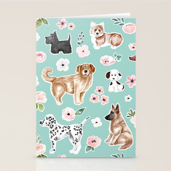 Cute Dogs on Aqua Blue, Dogs and Flowers, Pet Painting, Cute Animals, Golden Retriever, Dachshund, Corgi, Bulldog, Dalmation Stationery Card Gallery Image 2