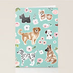 Cute Dogs on Aqua Blue, Dogs and Flowers, Pet Painting, Cute Animals, Golden Retriever, Dachshund, Corgi, Bulldog, Dalmation Stationery Card Gallery Image 2