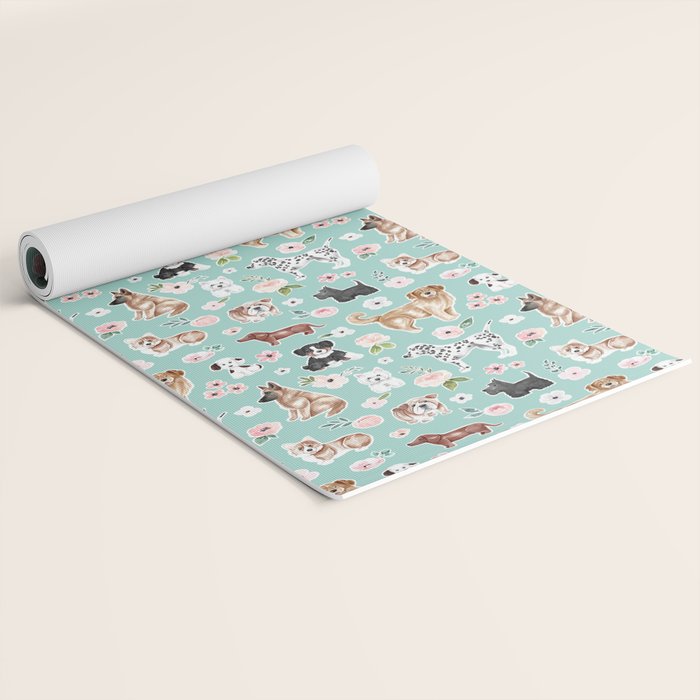 Cute Dogs on Aqua Blue, Dogs and Flowers, Pet Painting, Cute Animals, Golden Retriever, Dachshund, Corgi, Bulldog, Dalmation Yoga Mat Gallery Image 2