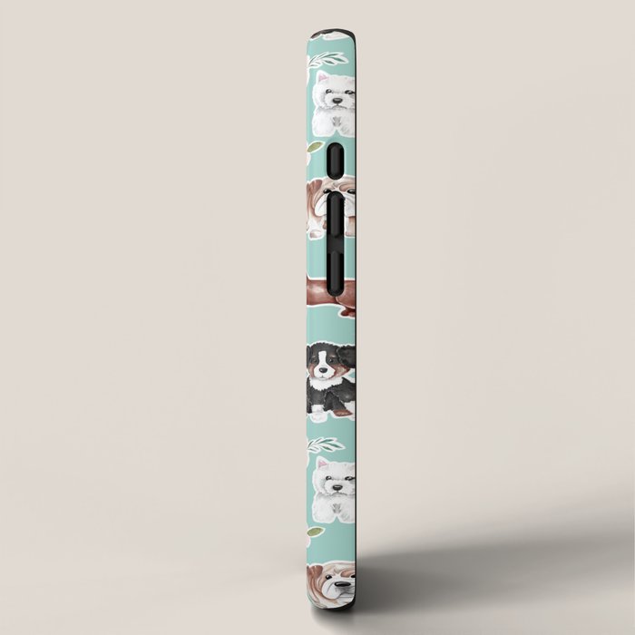 Cute Dogs on Aqua Blue, Dogs and Flowers, Pet Painting, Cute Animals, Golden Retriever, Dachshund, Corgi, Bulldog, Dalmation iPhone Case Gallery Image 2