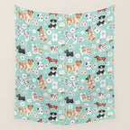 Cute Dogs on Aqua Blue, Dogs and Flowers, Pet Painting, Cute Animals, Golden Retriever, Dachshund, Corgi, Bulldog, Dalmation Wall Tapestry Gallery Image 4