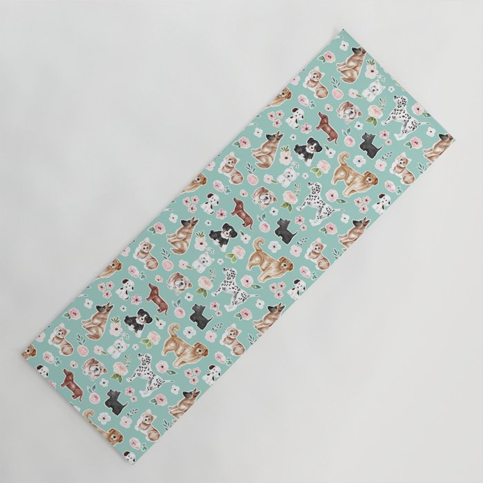 Cute Dogs on Aqua Blue, Dogs and Flowers, Pet Painting, Cute Animals, Golden Retriever, Dachshund, Corgi, Bulldog, Dalmation Yoga Mat Gallery Image 1