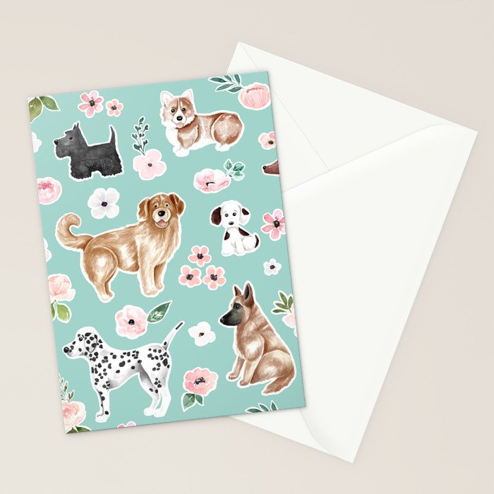 Cute Dogs on Aqua Blue, Dogs and Flowers, Pet Painting, Cute Animals, Golden Retriever, Dachshund, Corgi, Bulldog, Dalmation Stationery Card Gallery Image 2