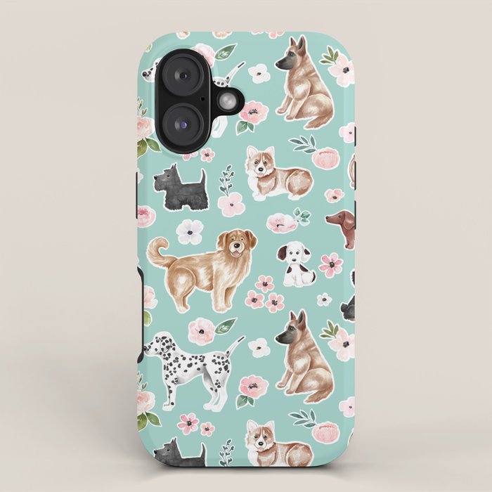 Cute Dogs on Aqua Blue, Dogs and Flowers, Pet Painting, Cute Animals, Golden Retriever, Dachshund, Corgi, Bulldog, Dalmation iPhone Case Gallery Image 1