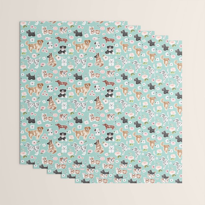 Cute Dogs on Aqua Blue, Dogs and Flowers, Pet Painting, Cute Animals, Golden Retriever, Dachshund, Corgi, Bulldog, Dalmation Wrapping Paper Gallery Image 3