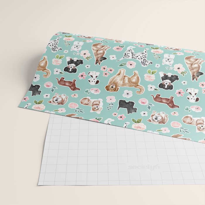 Cute Dogs on Aqua Blue, Dogs and Flowers, Pet Painting, Cute Animals, Golden Retriever, Dachshund, Corgi, Bulldog, Dalmation Wrapping Paper Gallery Image 2