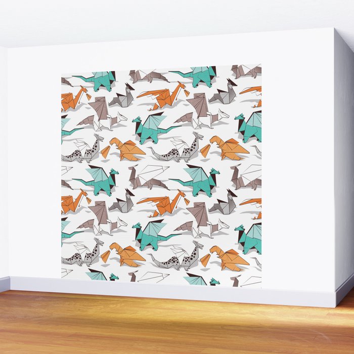 Origami dragon friends // white background aqua orange grey and taupe fantastic creatures Wall Mural Gallery Image 2