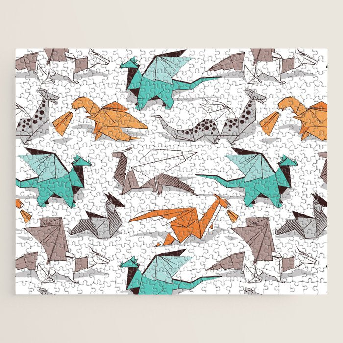 Origami dragon friends // white background aqua orange grey and taupe fantastic creatures Jigsaw Puzzle Gallery Image 1