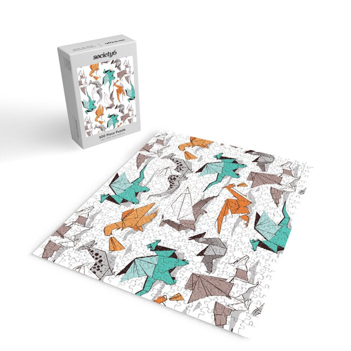 Origami dragon friends // white background aqua orange grey and taupe fantastic creatures Jigsaw Puzzle Gallery Image 2