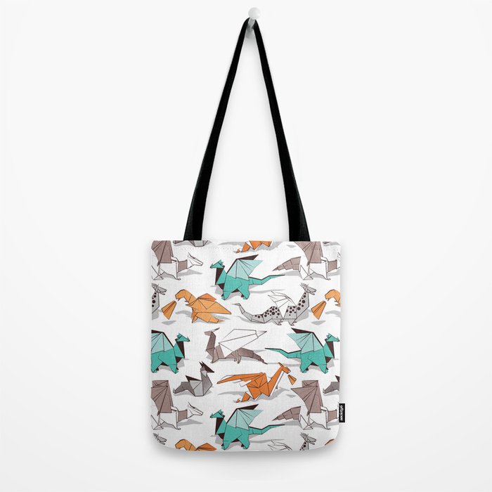 Origami dragon friends // white background aqua orange grey and taupe fantastic creatures Tote Bag Gallery Image 2