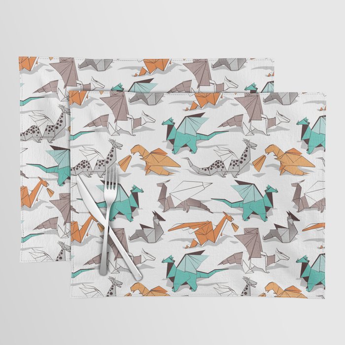 Origami dragon friends // white background aqua orange grey and taupe fantastic creatures Placemat Gallery Image 1