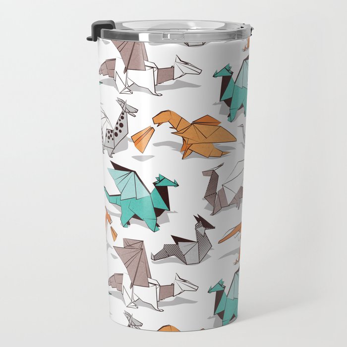 Origami dragon friends // white background aqua orange grey and taupe fantastic creatures Travel Mug Gallery Image 3
