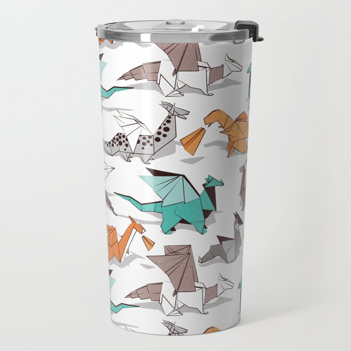 Origami dragon friends // white background aqua orange grey and taupe fantastic creatures Travel Mug Gallery Image 2