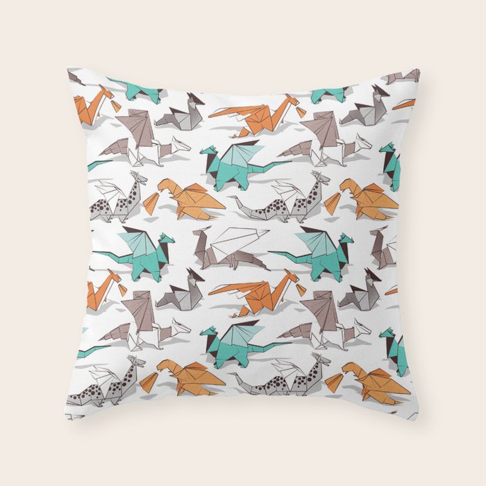 Origami dragon friends // white background aqua orange grey and taupe fantastic creatures Throw Pillow Gallery Image 1