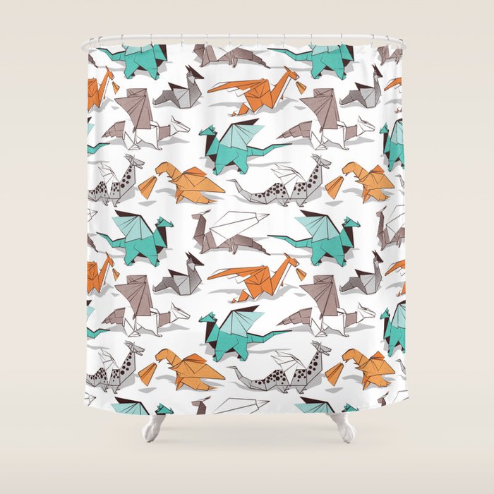 Origami dragon friends // white background aqua orange grey and taupe fantastic creatures Shower Curtain Gallery Image 1