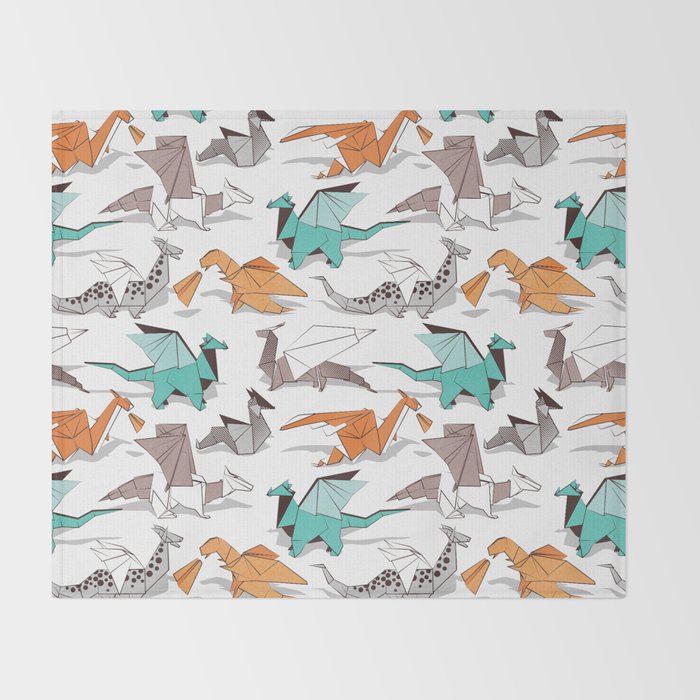 Origami dragon friends // white background aqua orange grey and taupe fantastic creatures Throw Blanket Gallery Image 2