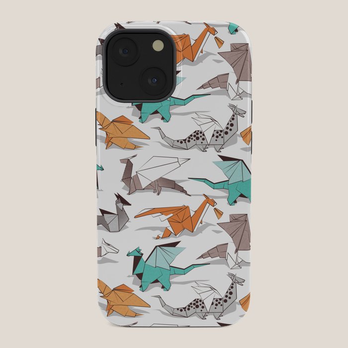 Origami dragon friends // white background aqua orange grey and taupe fantastic creatures iPhone Case Gallery Image 34